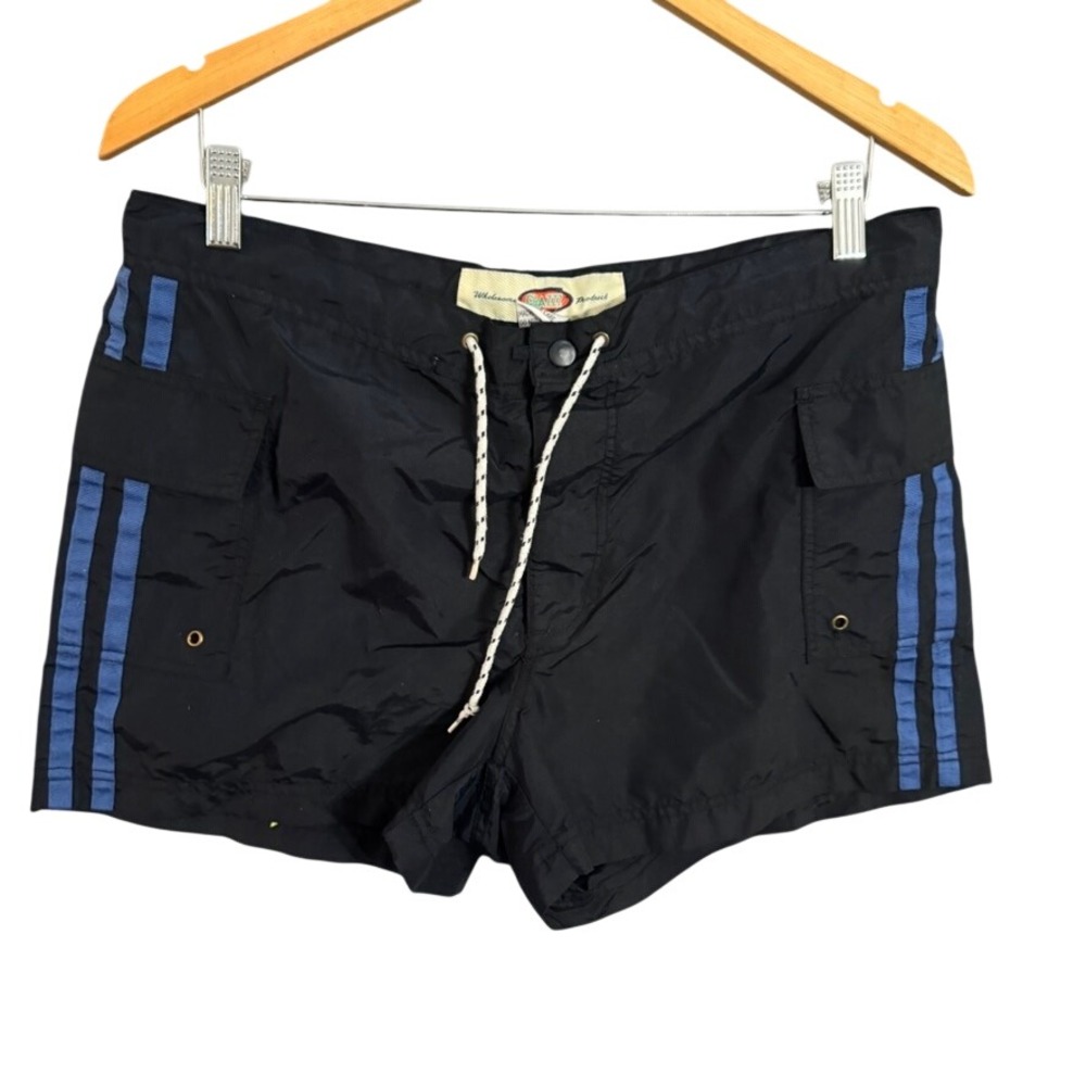 Chazz Wholesome Product Mens Nylon Board Shorts Black Blue Stripe Medium